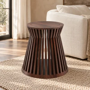 Walnut Slatted Drum Side Table in walnut — front view