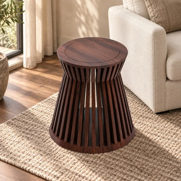 Walnut Slatted Drum Side Table in walnut — in a room setting