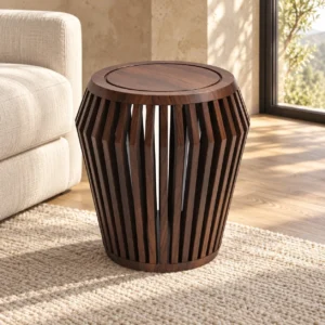 Walnut Slatted Barrel Side Table in walnut — front view