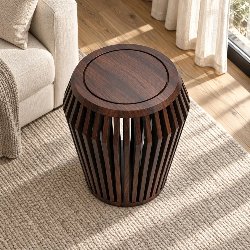 Walnut Slatted Barrel Side Table in walnut — in a room setting