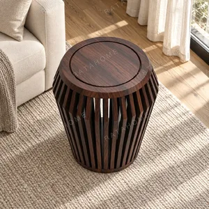 Walnut Slatted Barrel Side Table in walnut — in a room setting