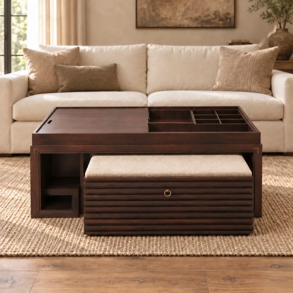 Walnut Coffee Table with Sliding Top and Nesting Stool in walnut — front view