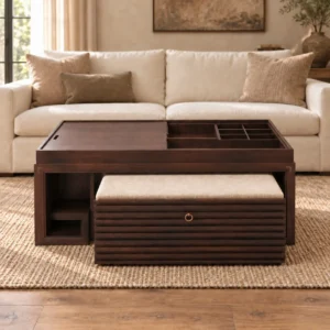 Walnut Coffee Table with Sliding Top and Nesting Stool in walnut — front view