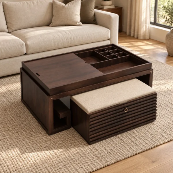 Walnut Coffee Table with Sliding Top and Nesting Stool in walnut — in a room setting