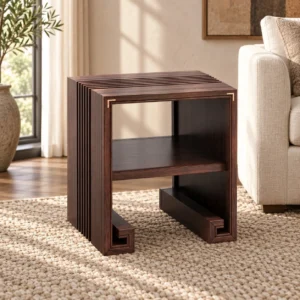 Walnut Slatted Cube Side Table with Brass Corners in walnut — front view
