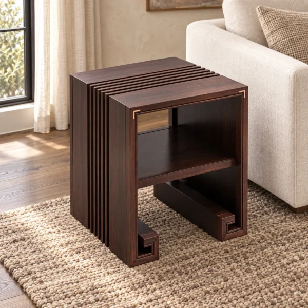 Walnut Slatted Cube Side Table with Brass Corners in walnut — in a room setting