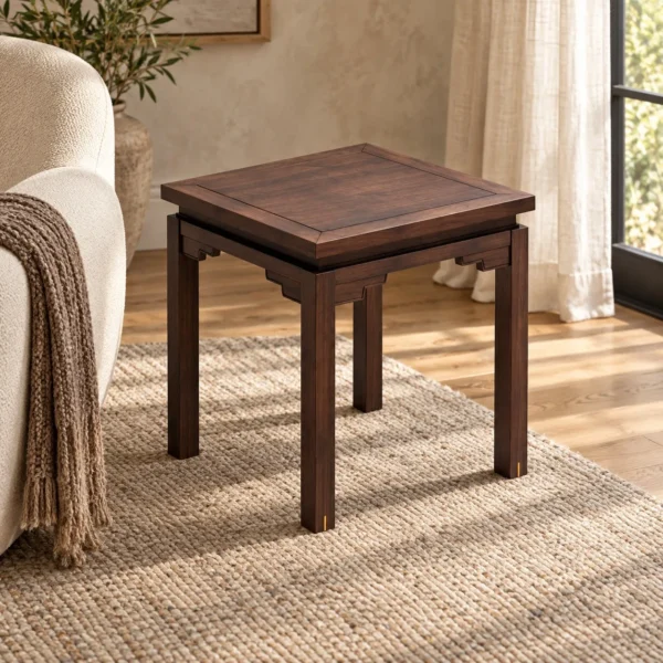 Walnut Square Side Table with Carved Apron in walnut — in a room setting