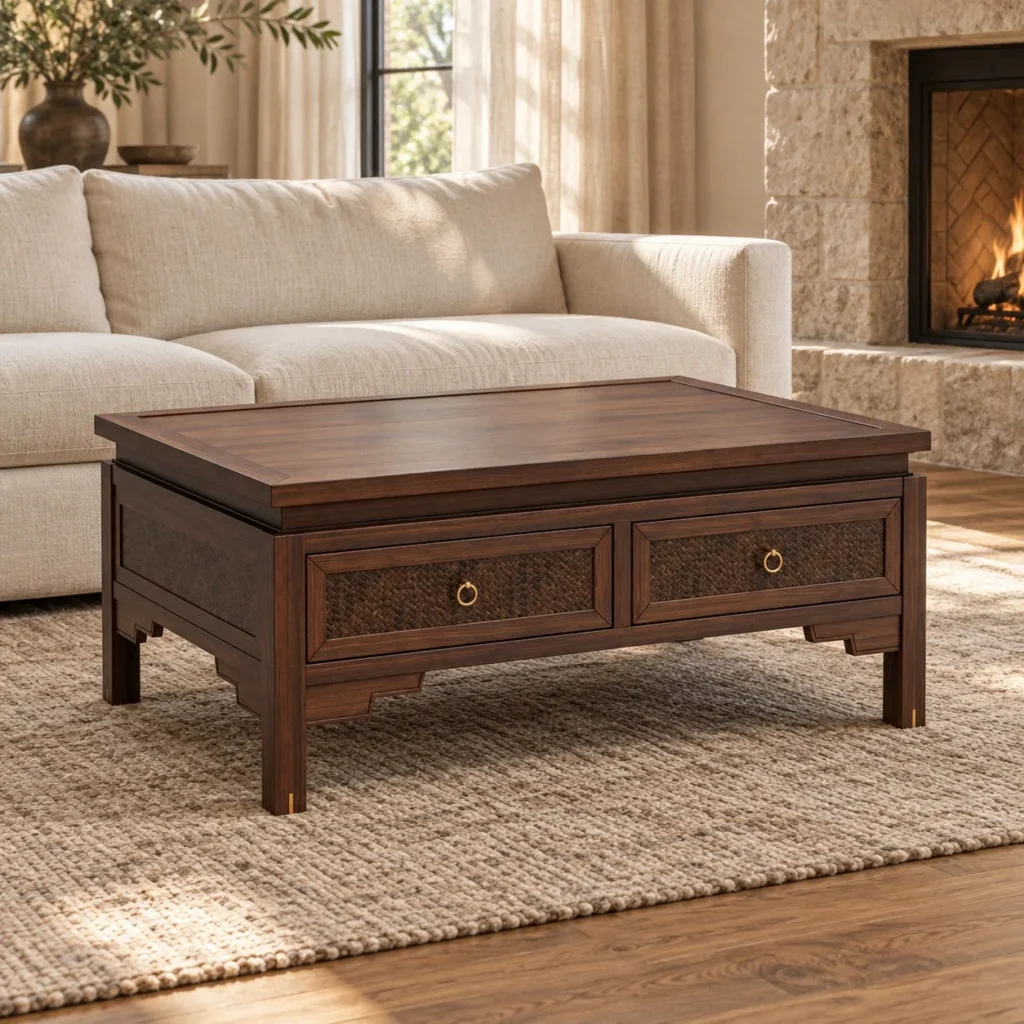 Walnut Coffee Table with Rattan Drawers and Brass Rings in walnut — front view