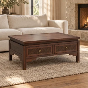 Walnut Coffee Table with Rattan Drawers and Brass Rings in walnut — front view