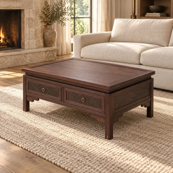 Walnut Coffee Table with Rattan Drawers and Brass Rings in walnut — in a room setting
