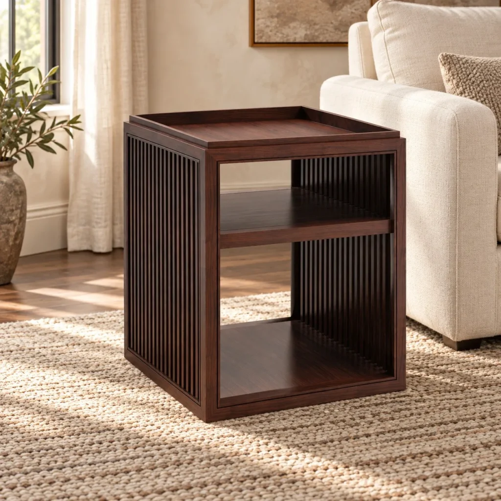 Walnut Slatted Cube Side Table with Tray Top and Shelf in walnut — front view