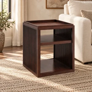Walnut Slatted Cube Side Table with Tray Top and Shelf in walnut — front view