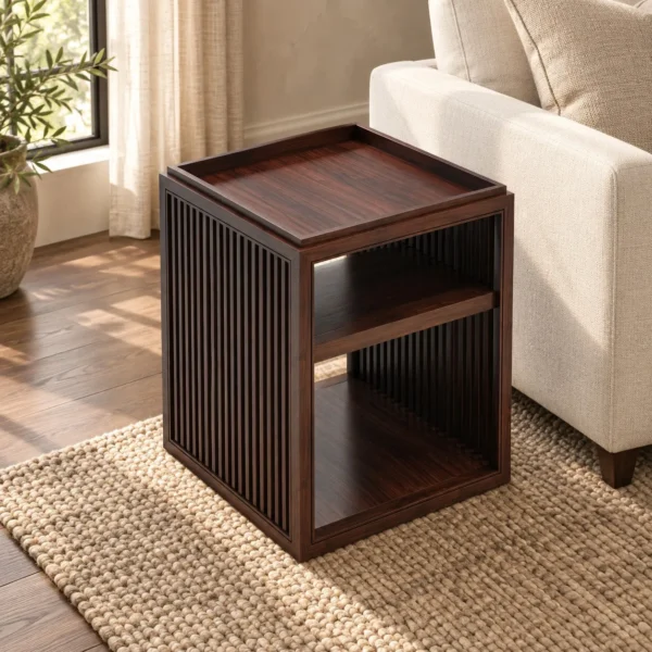 Walnut Slatted Cube Side Table with Tray Top and Shelf in walnut — in a room setting