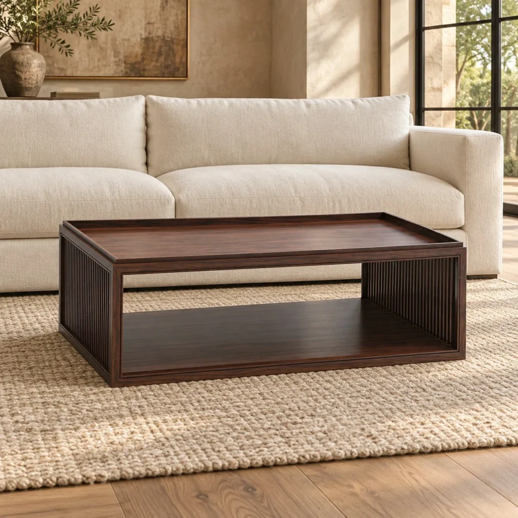 Walnut Slatted Coffee Table with Tray Top and Open Shelf in walnut — front view