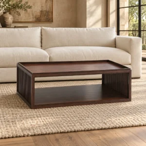 Walnut Slatted Coffee Table with Tray Top and Open Shelf in walnut — front view