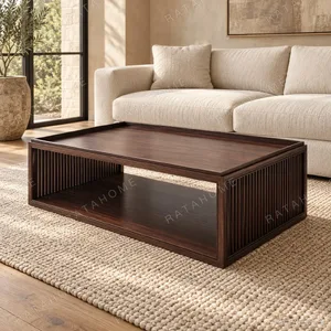 Walnut Slatted Coffee Table with Tray Top and Open Shelf in walnut — in a room setting