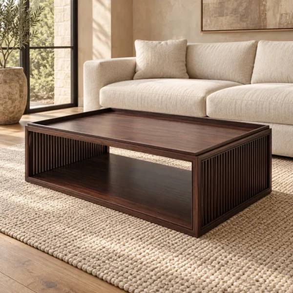 Walnut Slatted Coffee Table with Tray Top and Open Shelf in walnut — in a room setting