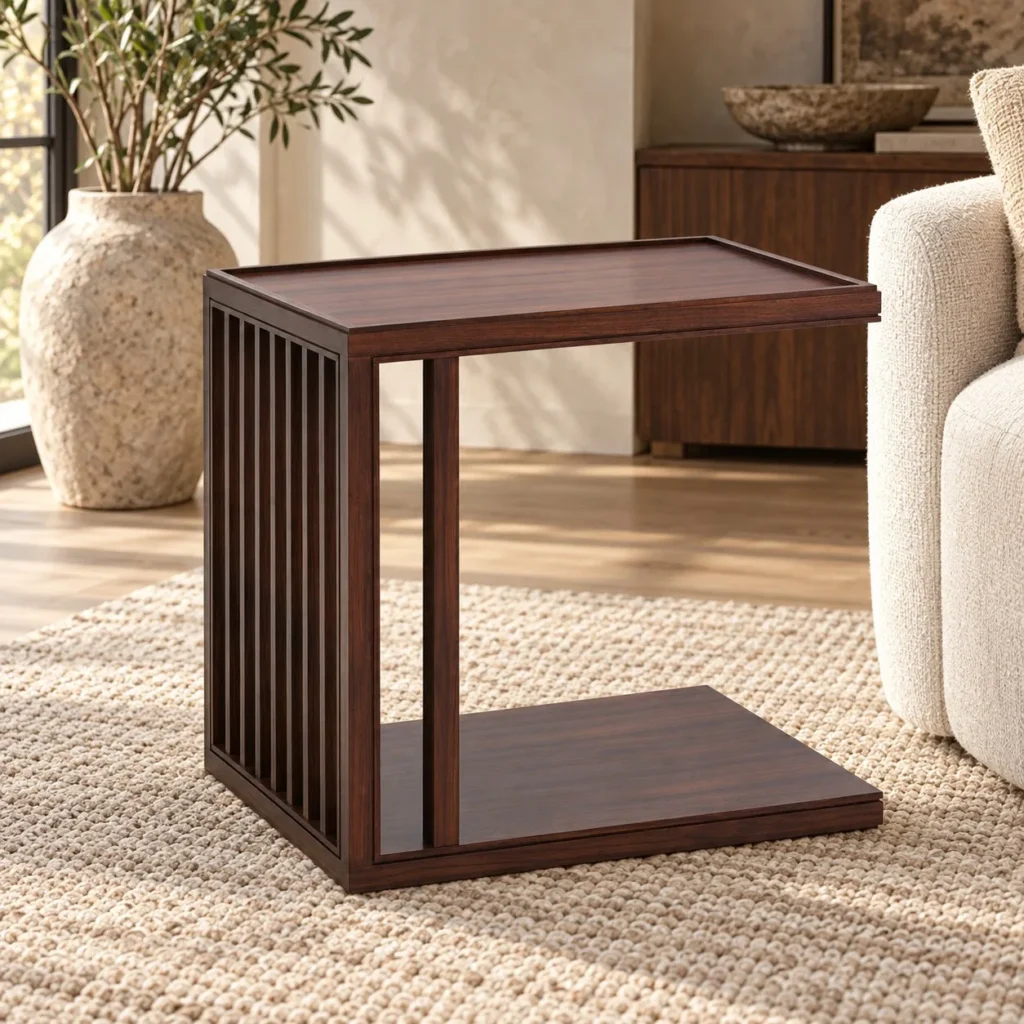 Walnut Slatted C-Shaped Sofa Side Table in walnut — front view