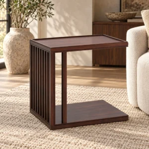 Walnut Slatted C-Shaped Sofa Side Table in walnut — front view