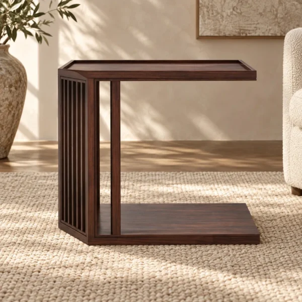 Walnut Slatted C-Shaped Sofa Side Table in walnut — in a room setting