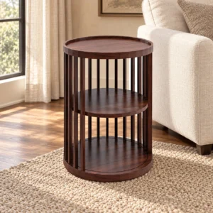 Walnut Slatted Round Side Table with Two Shelves in walnut — front view
