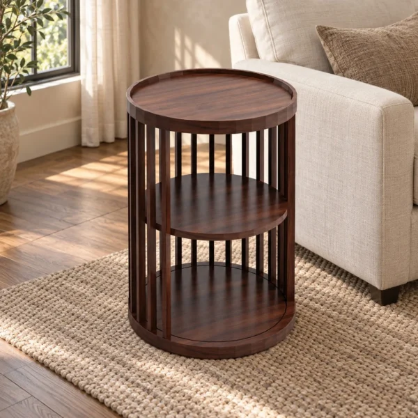 Walnut Slatted Round Side Table with Two Shelves in walnut — in a room setting