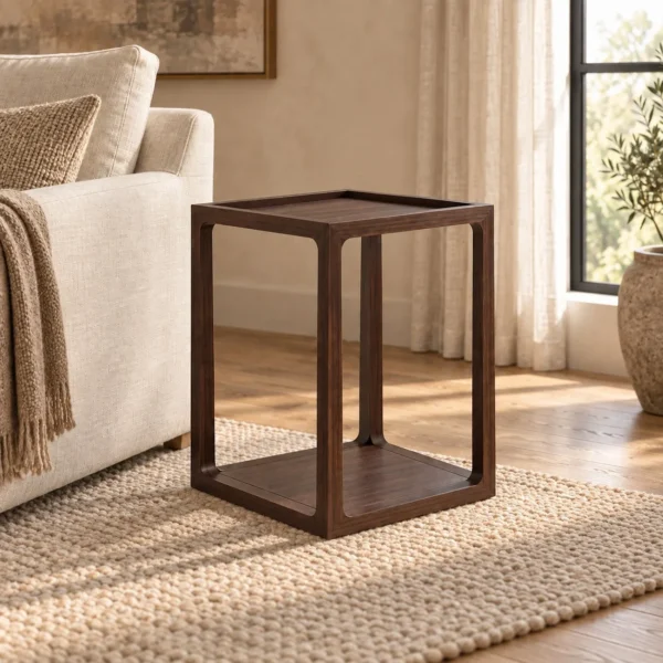 Walnut Open Frame Side Table with Tray Top in walnut — in a room setting