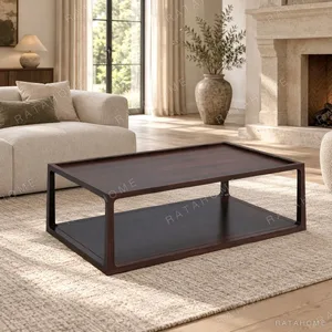 Walnut Rectangular Coffee Table with Slim Frame and Shelf in walnut — in a room setting