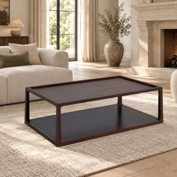 Walnut Rectangular Coffee Table with Slim Frame and Shelf in walnut — in a room setting