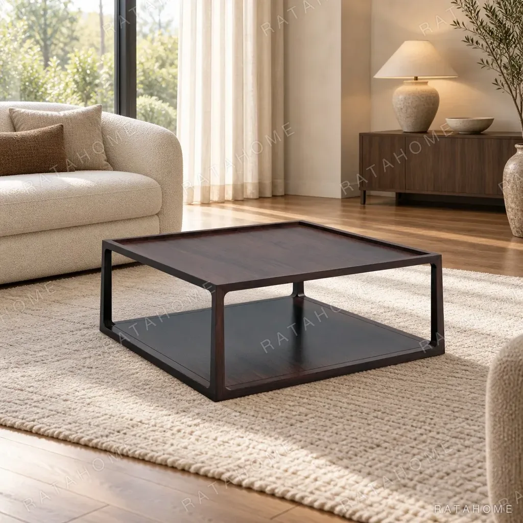 Walnut Square Coffee Table with Slim Frame and Shelf in walnut — in a room setting