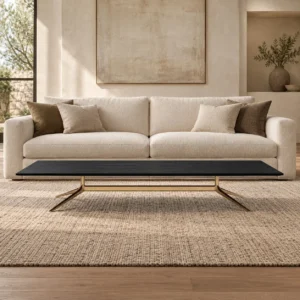 Black Veneer Coffee Table on Brass Cross Legs, 120 or 150 cm in black — front view