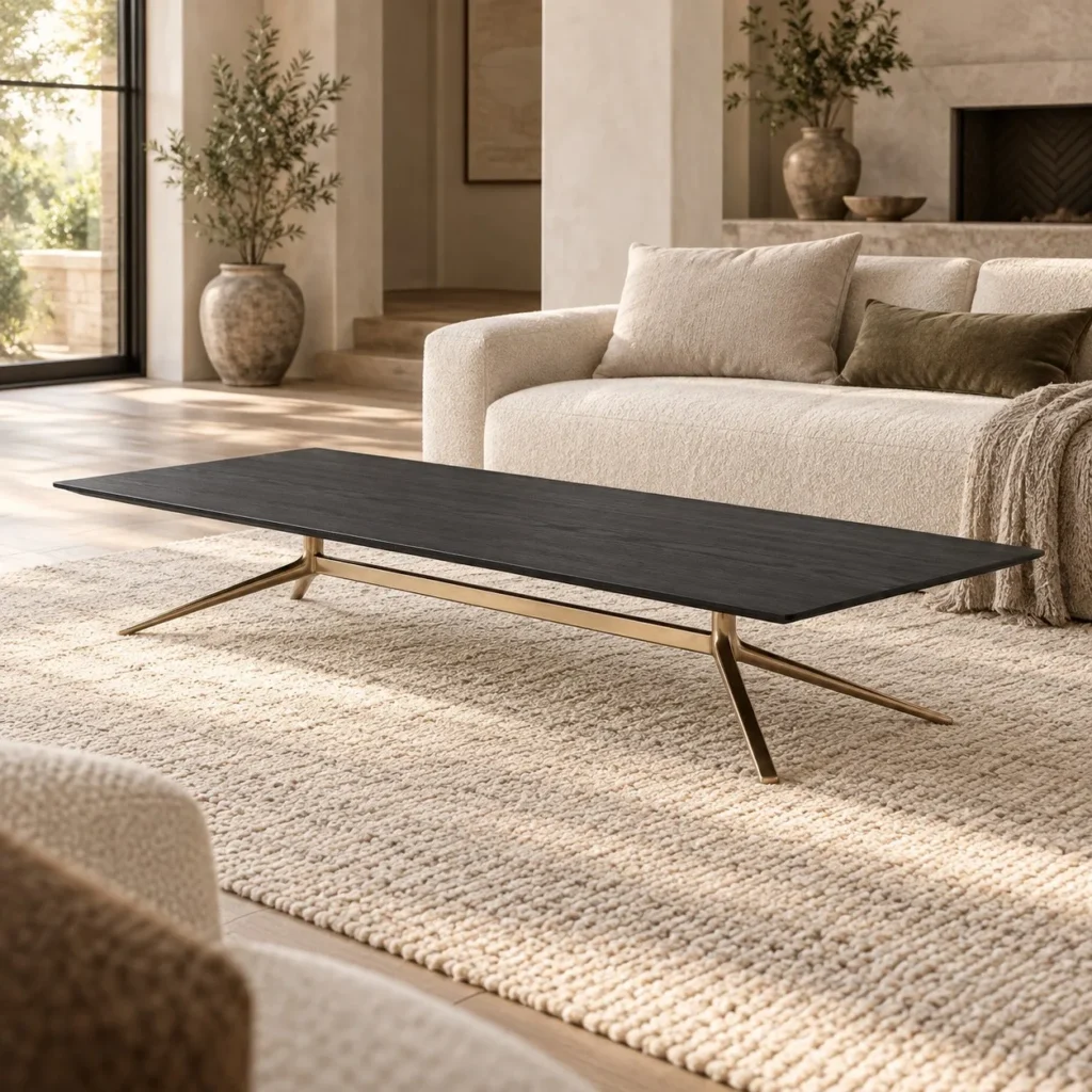 Black Veneer Coffee Table on Brass Cross Legs, 120 or 150 cm in black — in a room setting