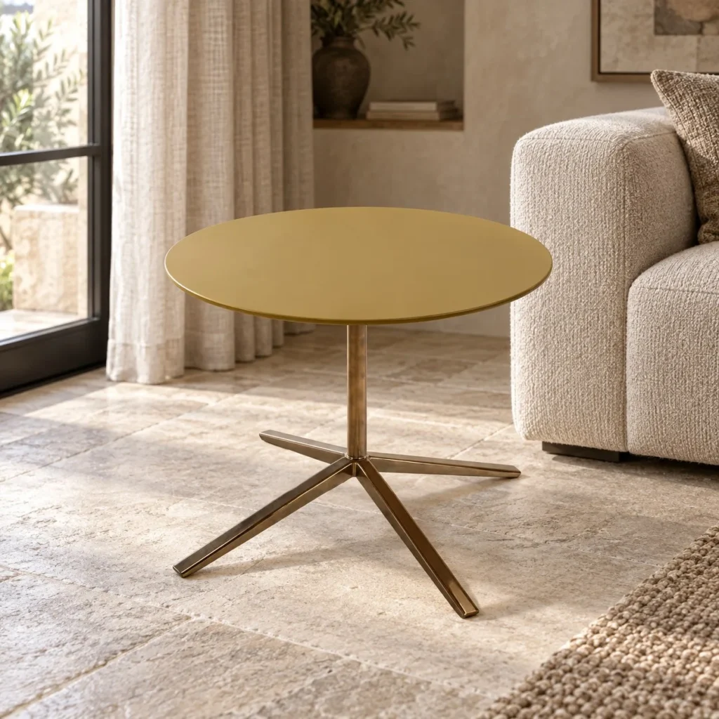 Round Gold Lacquer Side Table on Brass Tripod, 68 cm in brushed brass — front view