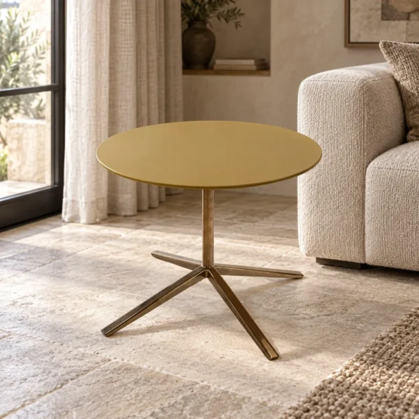 Round Gold Lacquer Side Table on Brass Tripod, 68 cm in brushed brass — in a room setting