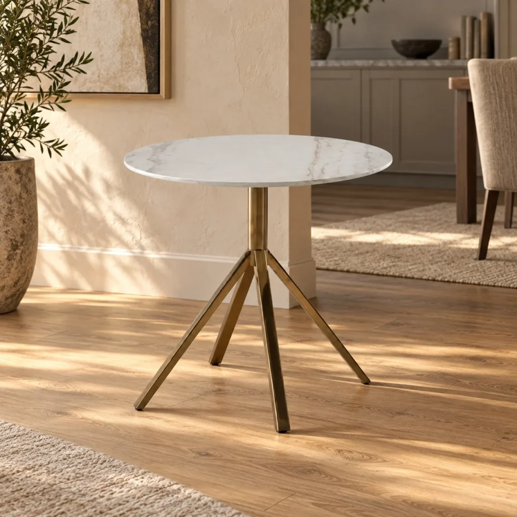 Round White Marble Side Table on Brass Tripod, 55 cm in ivory — front view