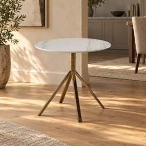 Round White Marble Side Table on Brass Tripod, 55 cm in ivory — front view