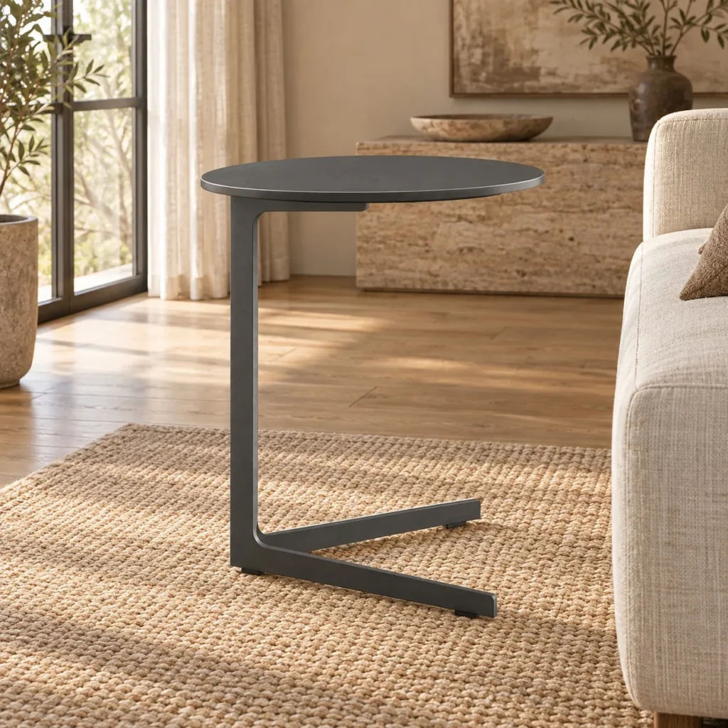 Charcoal C-Shaped Sofa Side Table on Angled Metal Base in black — front view