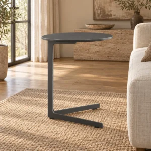 Charcoal C-Shaped Sofa Side Table on Angled Metal Base in black — front view