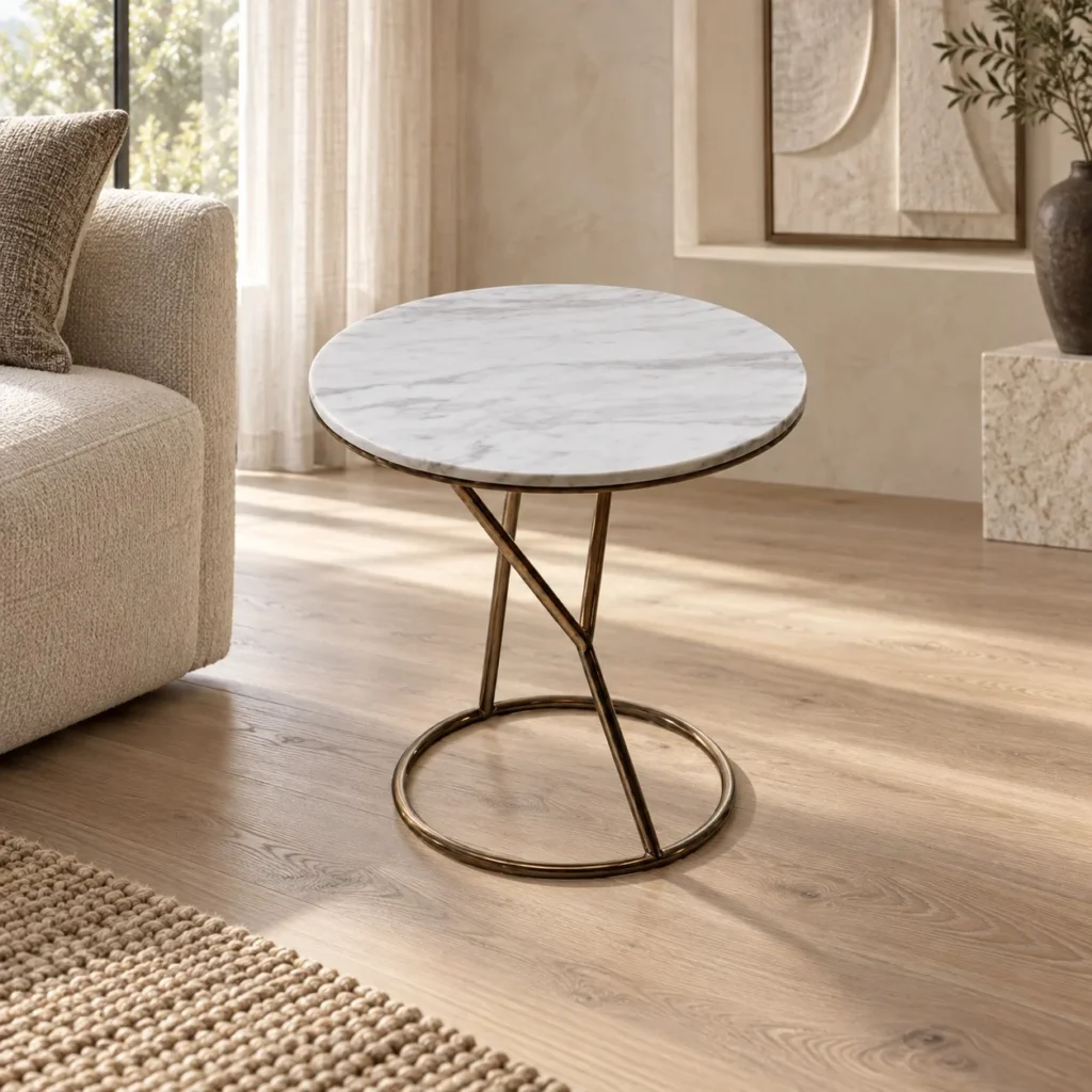 Round White Marble Side Table on Brass Wire Base, 50 cm in ivory — front view