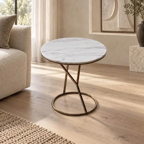 Round White Marble Side Table on Brass Wire Base, 50 cm in ivory — in a room setting