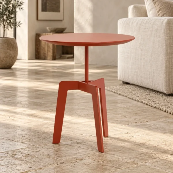 Round Coral Red Side Table on Angled Metal Tripod, 50 cm in red — in a room setting