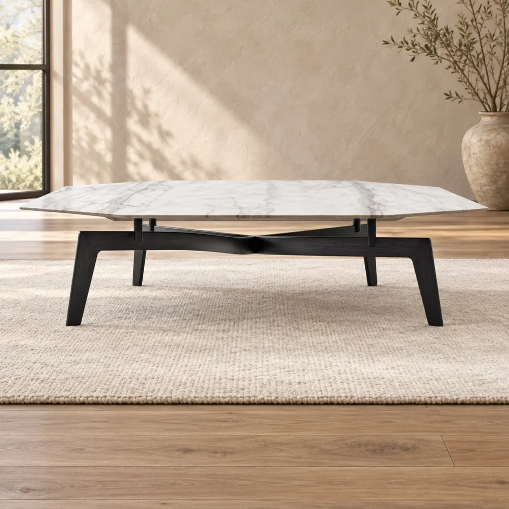 Square White Marble Coffee Table on Black Metal Base, 115 cm in ivory — front view