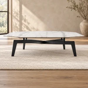 Square White Marble Coffee Table on Black Metal Base, 115 cm in ivory — front view