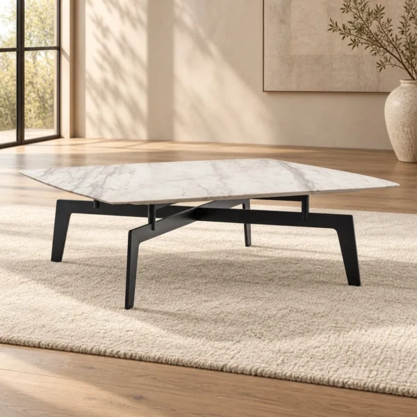 Square White Marble Coffee Table on Black Metal Base, 115 cm in ivory — in a room setting