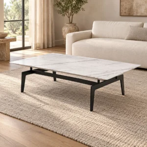 Rectangular White Marble Coffee Table in ivory — in a room setting