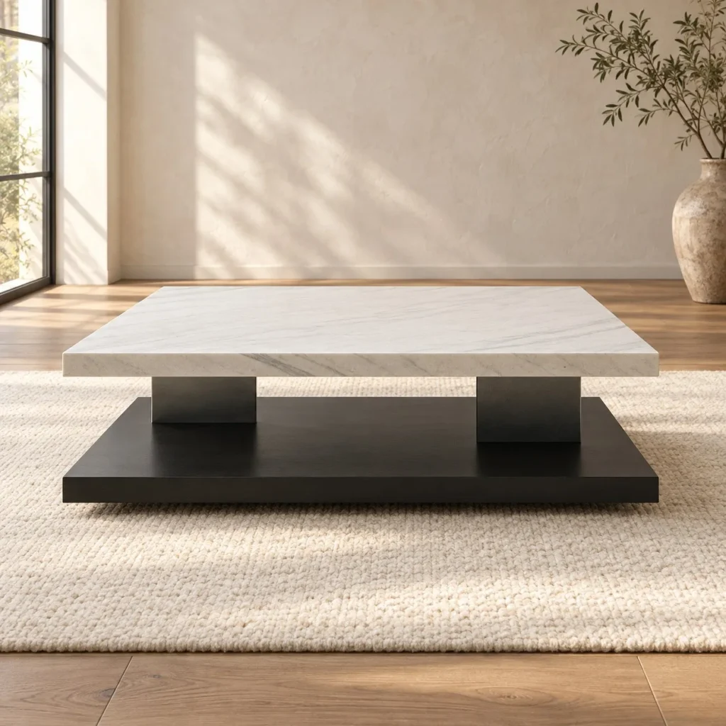 Square White Marble Coffee Table in ivory — front view