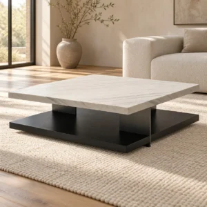 Square White Marble Coffee Table in ivory — in a room setting