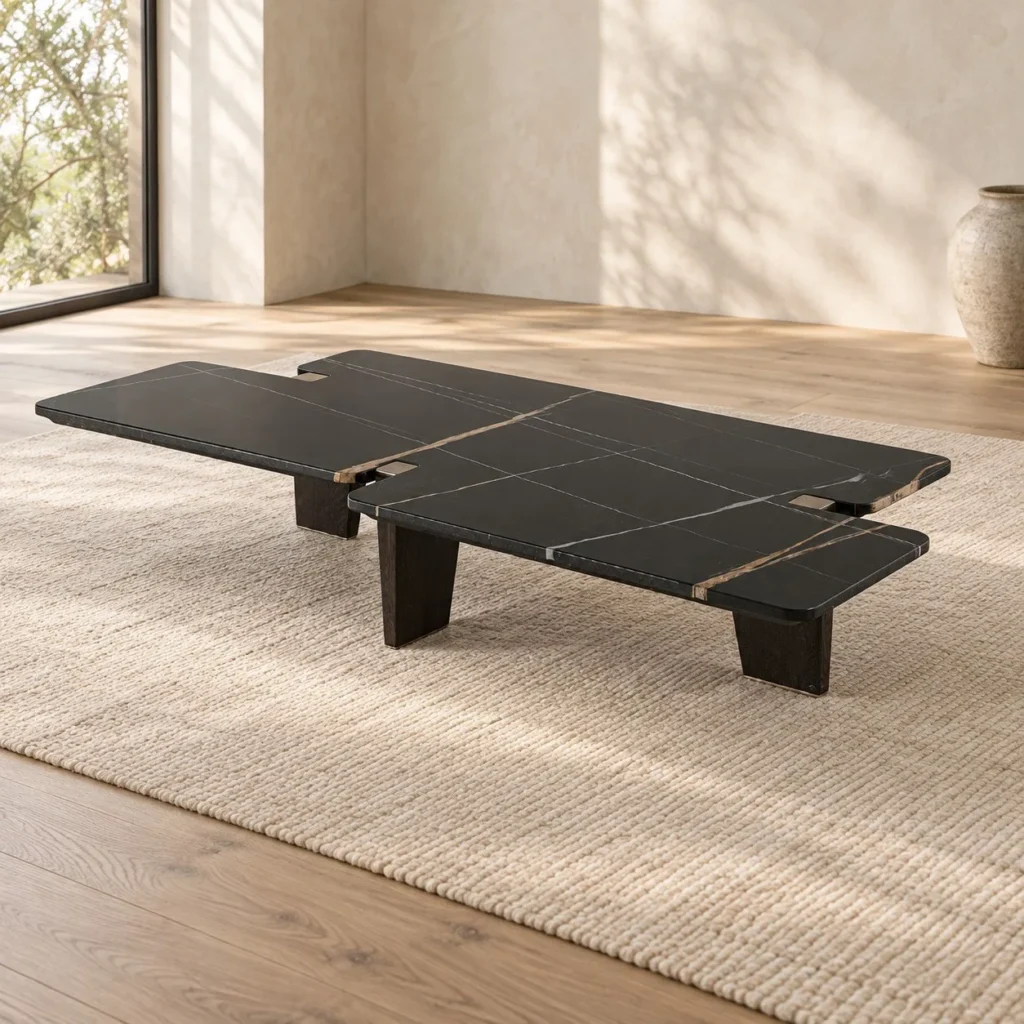 Black and Gold Marble Overlapping Slab Coffee Table, 180 x in black — front view
