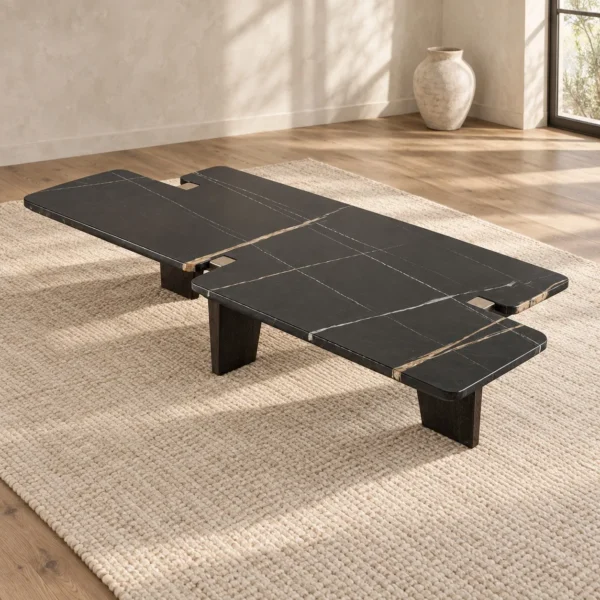 Black and Gold Marble Overlapping Slab Coffee Table, 180 x in black — in a room setting