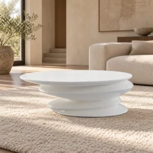 White Sculptural Stacked Disc Coffee Table, 96 to 116 cm in ivory — front view
